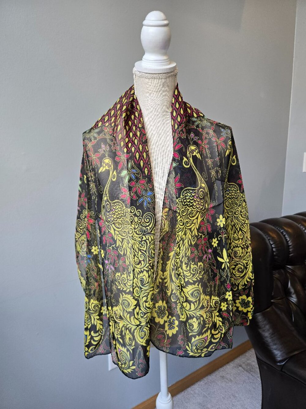 Sheer Womans Black and Yellow Peacock Design Scarf
